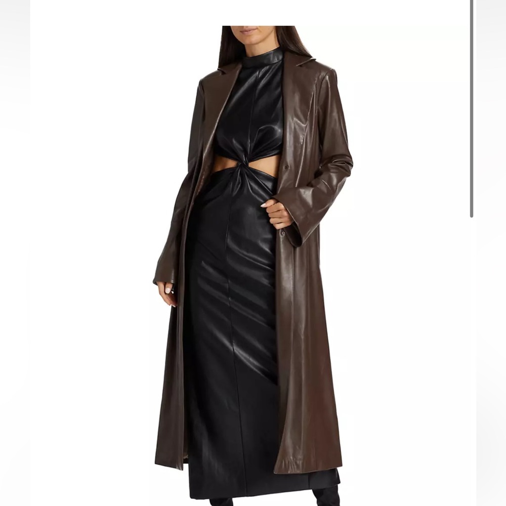 NWT Ronny Kobo Josephine Faux Leather Long Coat Mahogany XS
